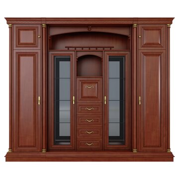 Wall Unit - Large classic wooden wall unit cabinet with glass doors and drawers, isolated on a white background. 3D render image