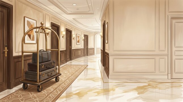 Elegant hotel corridor with luggage cart and suitcases