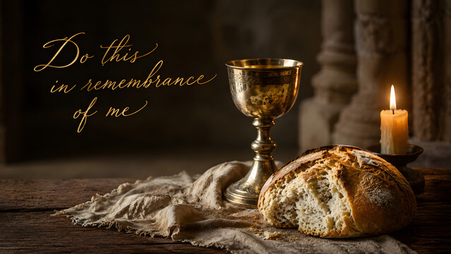 Communion elements of bread and a golden chalice on a rustic wooden table with a lit candle, representing the last supper and christian faith