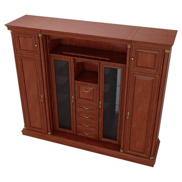 Wall Unit - Large classic wooden wall unit cabinet with glass doors and drawers, isolated on a white background. 3D render image