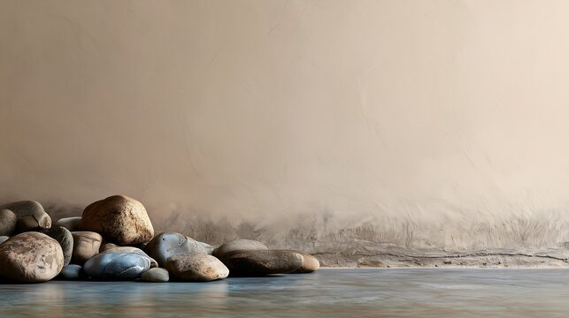 Minimalist japandi background with natural river stones on floor against textured beige plaster wall with copy space
