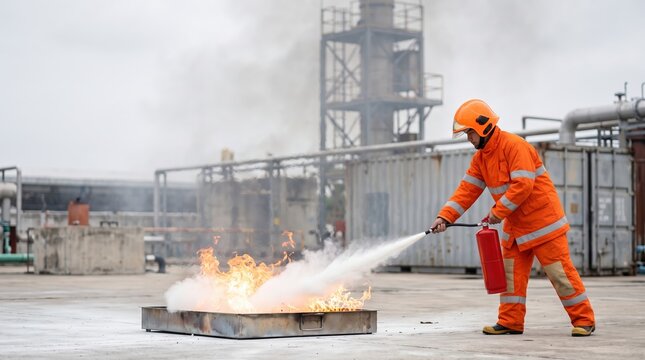 Emergency responder using fire extinguisher during industrial fire drill