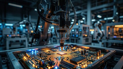 Fototapeta premium Robotic Arm Assembling Precision Electronics Circuit Board in Automated Factory