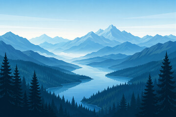 Fototapeta premium Serene Blue Mountain Landscape with Pine Forest and Winding Lake at Dawn
