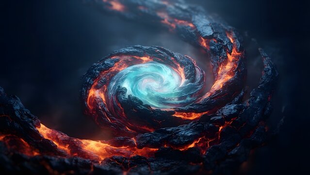 Swirling vortex of molten lava and glowing energy in a dark, cosmic background
