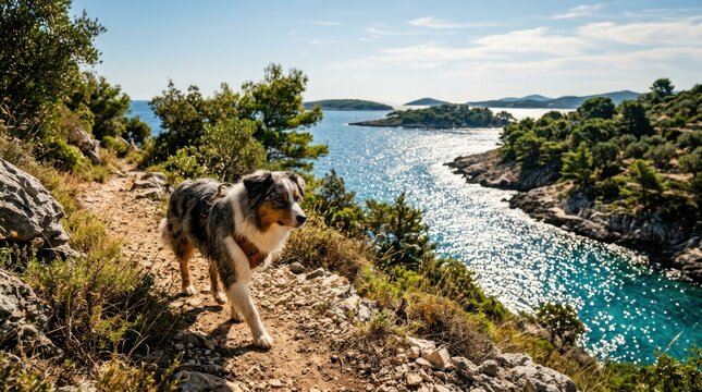 Australian Shepherd Dog Exploring Scenic Coastal Trail with Sparkling Blue Water.