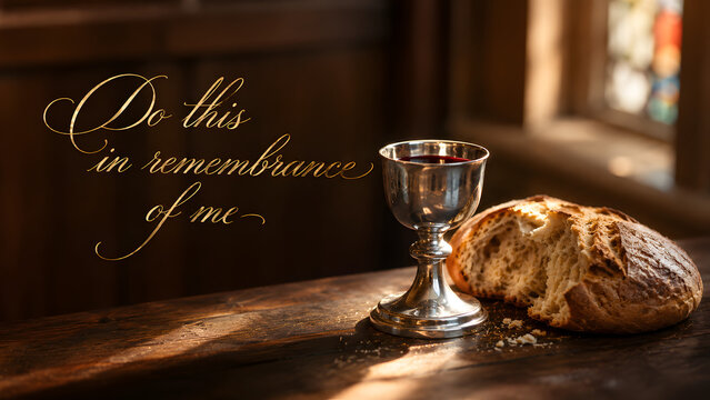 Communion bread and a silver chalice filled with wine on a rustic wooden table, symbolizing the last supper and christian sacrament