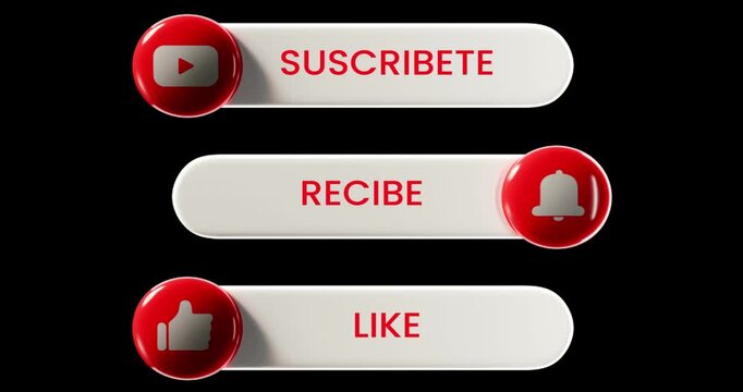 3D Spanish Suscribete, Recibe, and Like button animation with glossy red icons on a black background. Modern social media call to action overlay for YouTube.