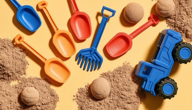 Colorful plastic beach shovels and a toy truck arranged with sand on a yellow surface