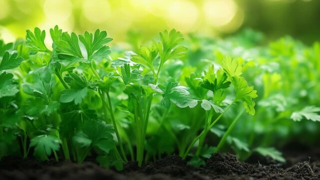 selective focus fresh parsley growing in herb garden bright green leaves sunlight