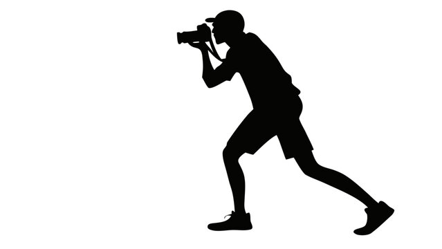 Photographer silhouette holding digital camera, professional cameraman taking photos, male paparazzi vector icon on white background