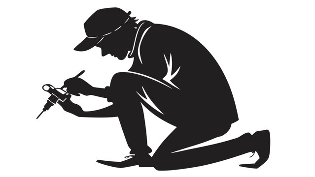 Black silhouette of a handyman using a power drill. Professional contractor working with tools. Male worker repairman vector icon.