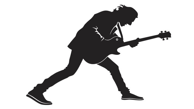Rock guitarist silhouette, electric guitar player performing on stage, black and white musician vector illustration