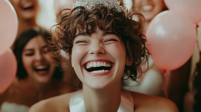 selective focus bachelorette party stylish indoor setting bride-to-be sash tiara friends laughing