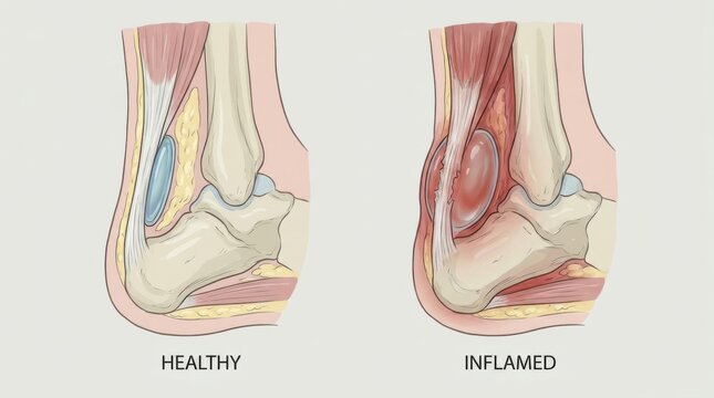 Comparison of healthy and inflamed ankle joint anatomy with bursitis illustration