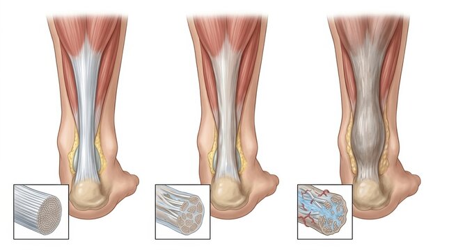 Illustration showing the anatomy and degeneration of the Achilles tendon