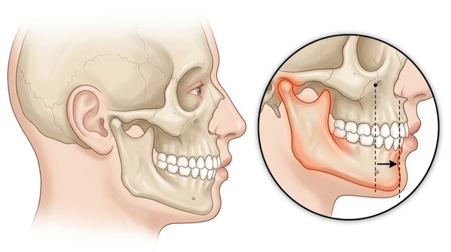 Anatomical illustration of the human jaw and skull with a focus on the temporomandibular joint
