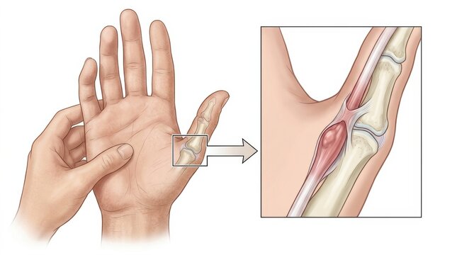 Illustration of De Quervain's tenosynovitis affecting the thumb tendons