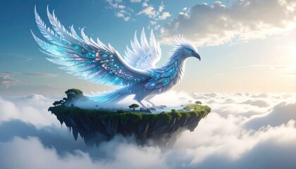 Mythical white bird on floating island above sunlit clouds © Aji