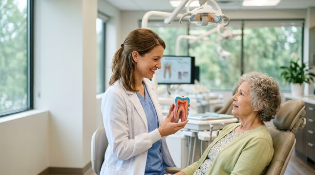 Dentist explaining dental anatomy to senior patient in modern treatment room