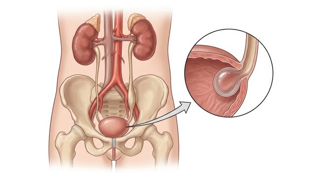 Illustration of a bladder diverticulum, a pouch protruding from the bladder wall