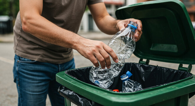 Close up view of man hand throwing crushed plastic water bottle into green recycling bin for environmental conservation concept.