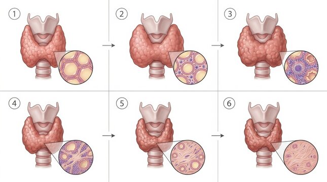 Illustration of thyroid gland changes and cellular structure progression