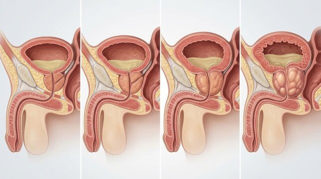 Diagram illustrating the progression of benign prostatic hyperplasia and its effects on the bladder