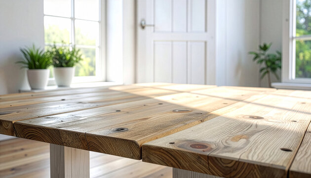 Empty rustic wooden table surface in bright room with large window background for product display