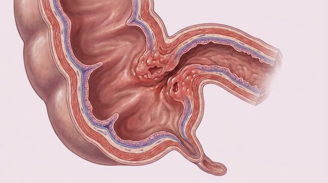 Cross-section of the colon showing diverticula and inflammation of the intestinal wall