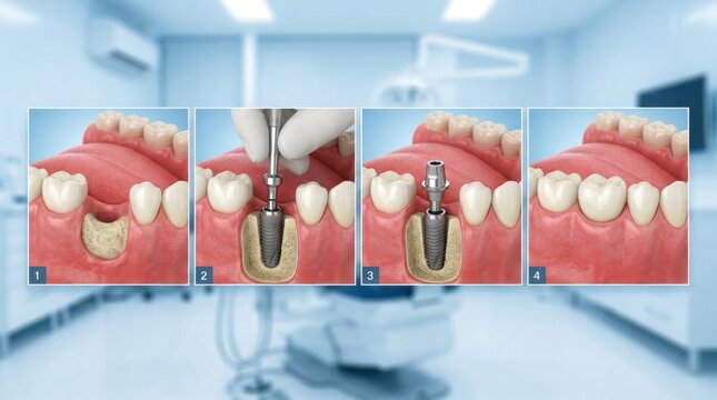 Dental implant procedure illustrated in four steps from bone loss to final restoration