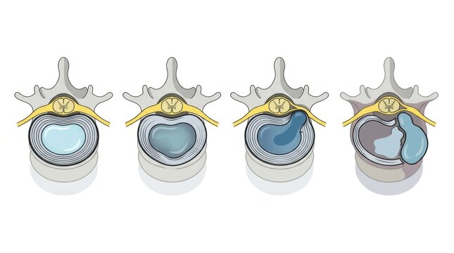 Stages of a herniated disc shown in cross-section of the spine