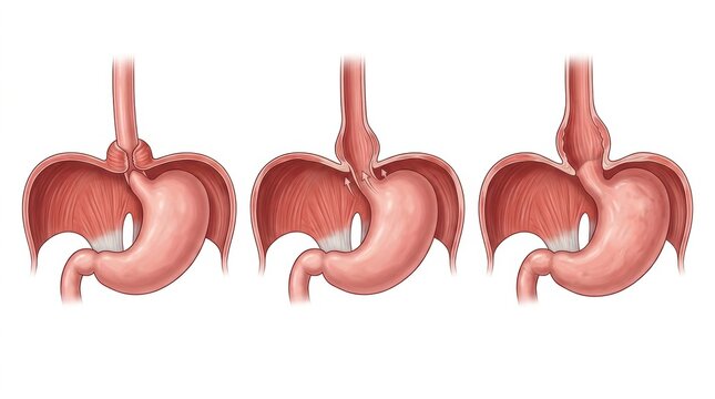 Diagram illustrating hiatal hernia stages and stomach anatomy