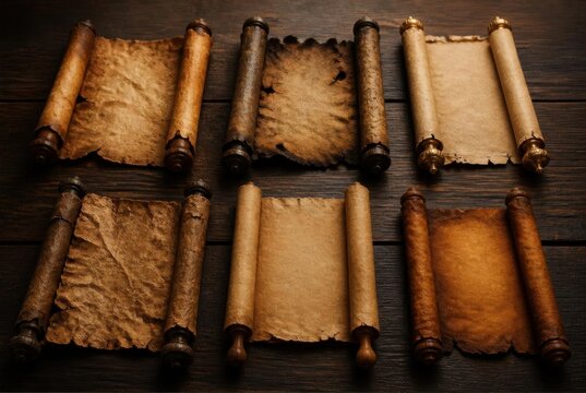 Six old paper scrolls with burnt, aged edges arranged on a dark rustic wooden background.