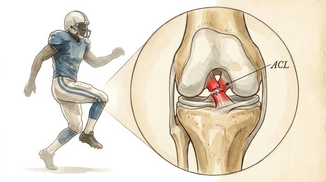 Illustration of a football player with a torn ACL ligament in his knee