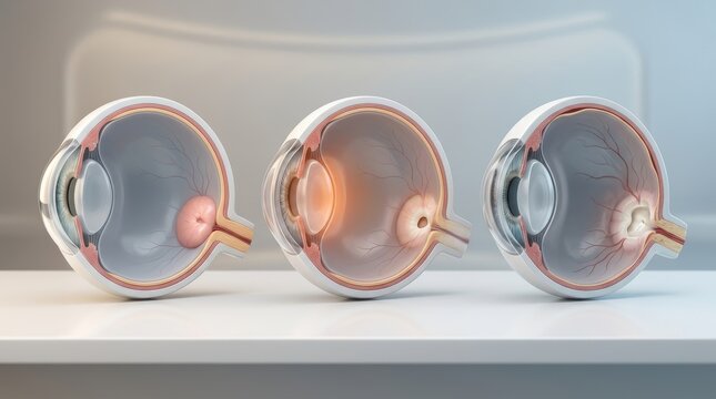 Cross-section of human eyes showing different stages of retinal detachment