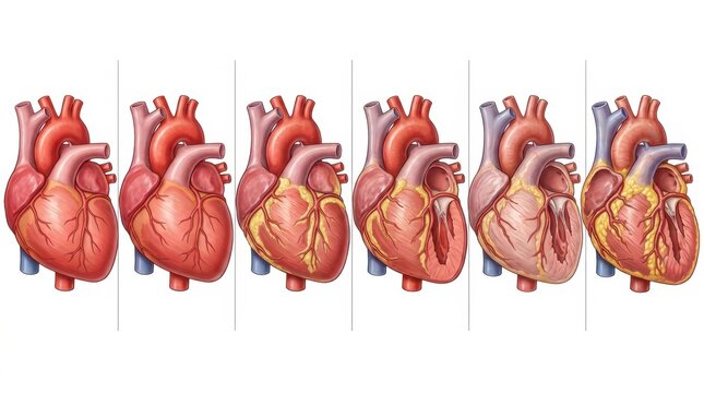 Illustration showing progression of heart conditions from healthy to diseased states