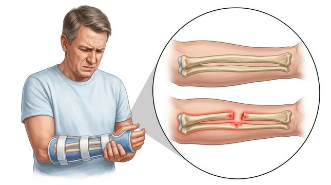 Man with broken forearm wearing a cast and showing bone fracture illustration