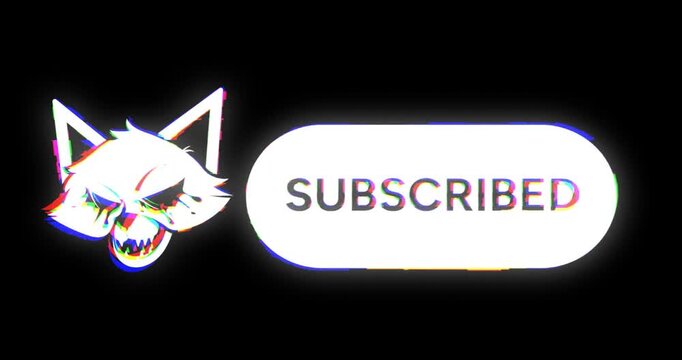 Glowing Subscribe button animation with an edgy skull mascot on a black background. Cyberpunk digital distortion call to action overlay for gaming and horror channels