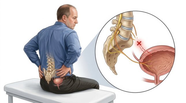 Man with lower back pain and illustration of nerve affecting the bladder