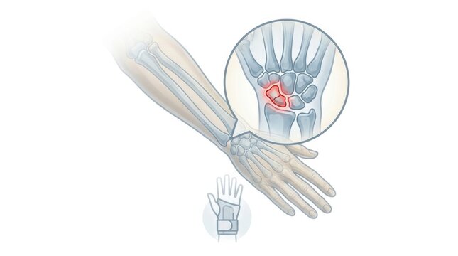 Close-up of wrist bones showing scaphoid fracture and brace for support