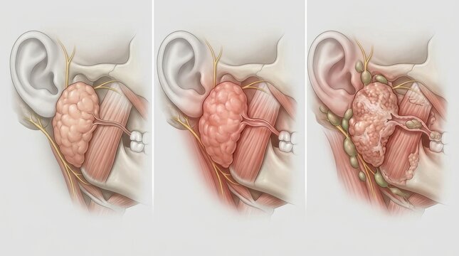 Illustration of parotid gland anatomy and pathology progression