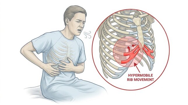Man experiencing chest pain due to hypermobile rib movement and difficulty breathing