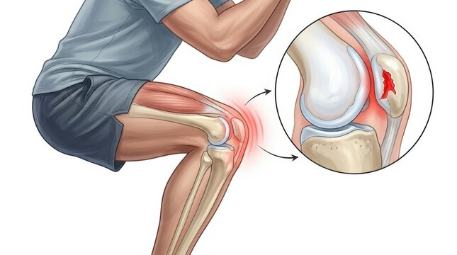 Illustration of a person experiencing knee pain during exercise with a detailed view of the injury
