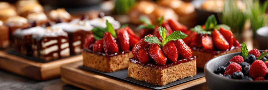 Various sweet desserts presenting a vibrant array of cheesecakes with fresh fruit, rich chocolate cakes, and other delicious pastries, artfully arranged on a wooden serving board
