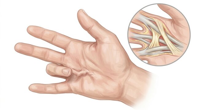 Illustration of Dupuytren's contracture affecting the hand and showing underlying tissue