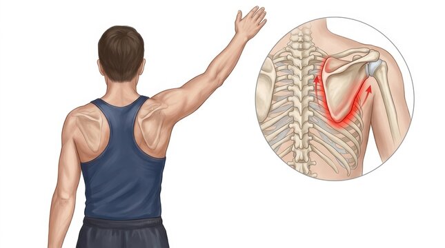 Illustration of shoulder blade pain and scapula movement during exercise
