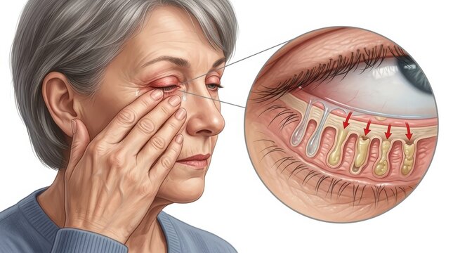 Elderly woman experiencing eye discomfort and inflammation with detailed eyelid gland illustration