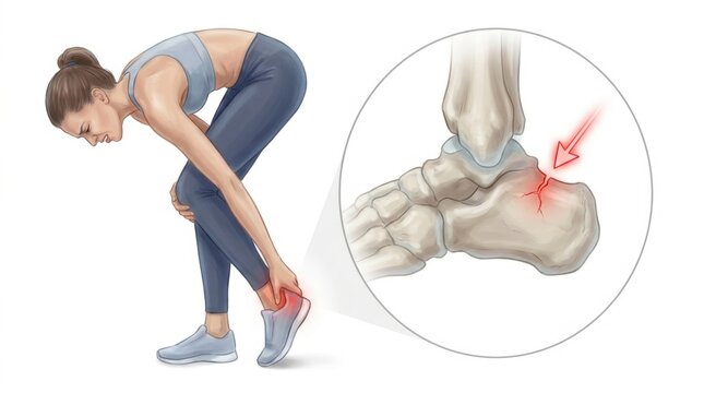 Woman experiencing heel pain with a close-up illustration of a fractured calcaneus bone