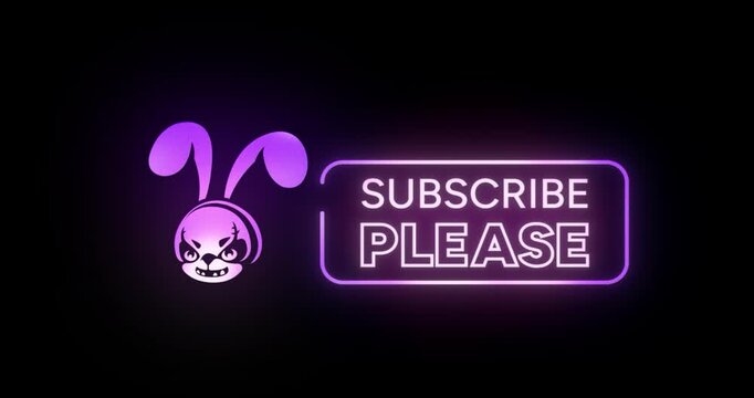 Purple neon gaming bunny mascot logo with subscribe please text and glitch effect on black background. Glowing call to action overlay for YouTube esports and Twitch streams